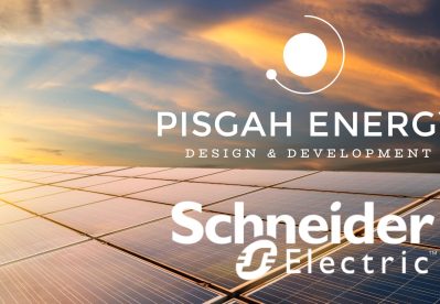 Image of sunlight on solar panels with Pisgah Energy and Schneider Electric logos overlaid.