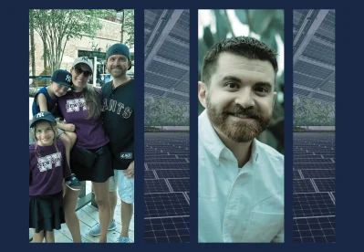 Collage of Images - solar panels, Stephen Berg and his family