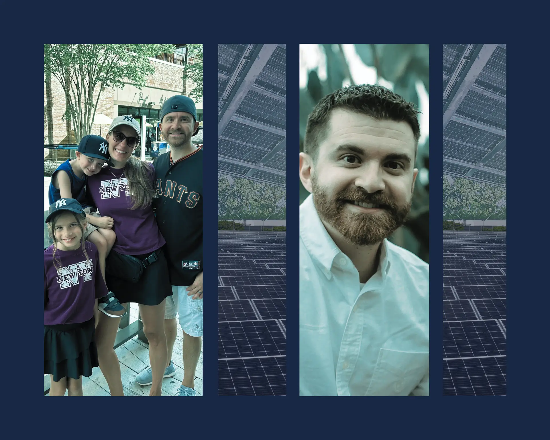 Collage of Images - solar panels, Stephen Berg and his family